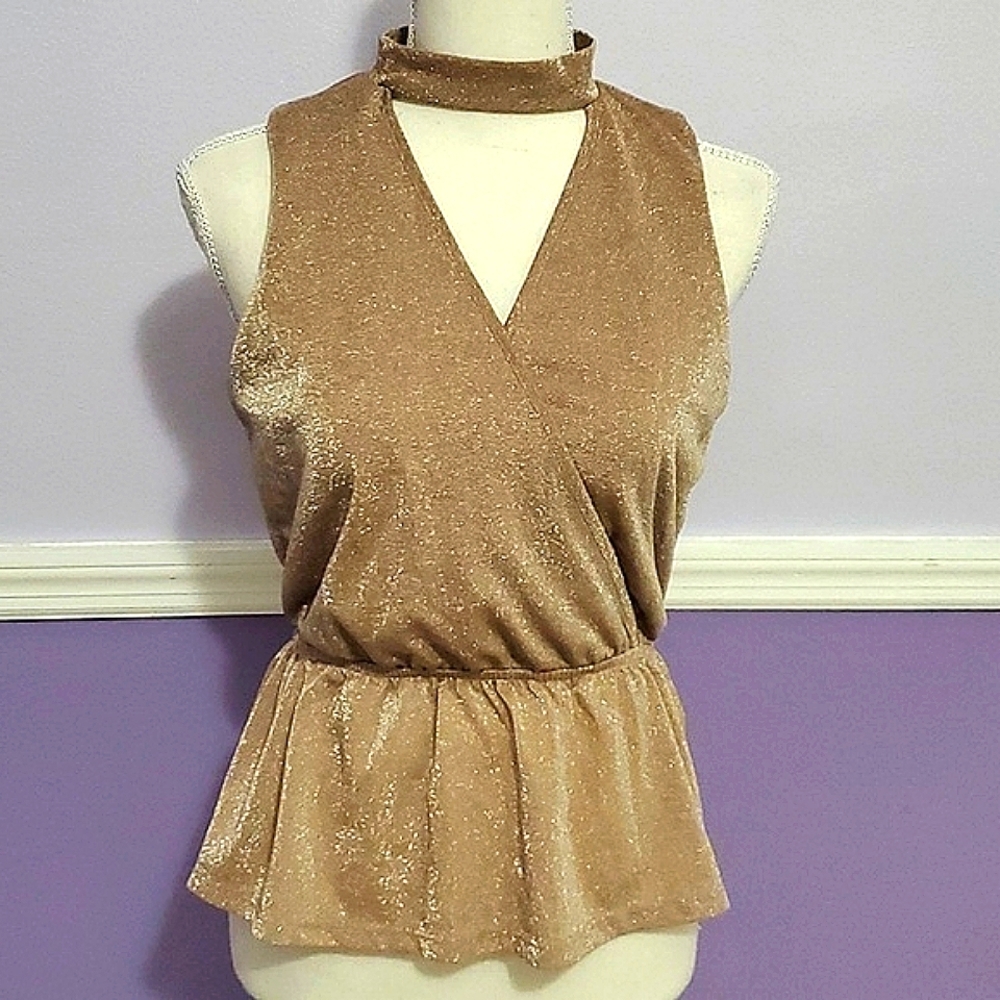 Almost Famous Rose Gold Shinny Choker Neck Surplice Front Party Evening Top M
